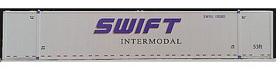 Con-Cor 488018 HO Scale Monon 53' Rivet-Side Container 2-Pack - Ready to Run -- Swift Intermodal (Scheme #1, white, blue, gold)