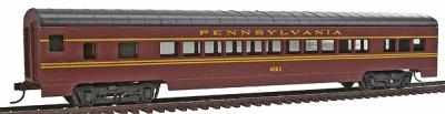 Con-Cor 905 HO Scale 72' Smooth-Side Coach - Ready to Run -- Pennsylvania Railroad (Tuscan Red, Dulux Gold)