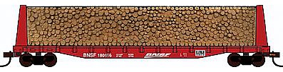 Con-Cor 92063 HO Scale Pulpwood Flatcar w/Load - Ready to Run -- Burlington Northern & Santa Fe (brown, Wedge Logo)