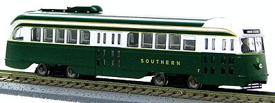 Con-Cor 93069 HO Scale Diesel-Powered PCC Streetcar - Standard DC -- Southern Railway (green, white)