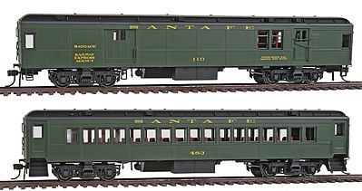 Con-Cor 94039 HO Scale mBM62 Baggage/Mail Car & mP54 Coach Set Assembled -- Santa Fe #1 (Pullman Green)