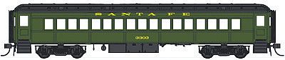 Con-Cor 94203 HO Scale Heavyweight 65' Branchline Coach w/Lights - Ready to Run -- Santa Fe (Pullman Green, black Roof)