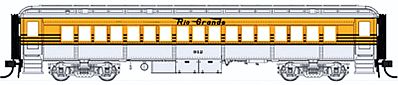 Con-Cor 94217 HO Scale Heavyweight 65' Branchline Coach w/Lights - Ready to Run -- Denver & Rio Grande Western (4-Stripe Scheme, Aspen Gold, silver)