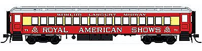 Con-Cor 94218 HO Scale Heavyweight 65' Branchline Coach w/Lights - Ready to Run -- Royal American Shows (red, yellow, silver)