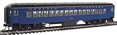 Con-Cor 94234 HO Scale Heavyweight 65' Branchline Coach w/Lights - Ready to Run -- Norfolk & Western #531 (Pevler Blue, black)