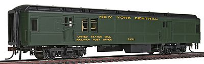 Con-Cor 94304 HO Scale Heavyweight 65' Branchline Baggage/Railway Post Office w/Lights - Ready to Run -- New York Central (Pullman Green, black Roof)