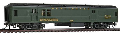 Con-Cor 94306 HO Scale Heavyweight 65' Branchline Baggage/Railway Post Office w/Lights - Ready to Run -- Chicago, Burlington & Quincy (Pullman Green, black Roof)