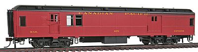 Con-Cor 94313 HO Scale Heavyweight 65' Branchline Baggage/Railway Post Office w/Lights - Ready to Run -- Canadian Pacific (maroon, black Roof)