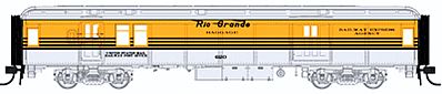 Con-Cor 94317 HO Scale Heavyweight 65' Branchline Baggage/Railway Post Office w/Lights - Ready to Run -- Denver & Rio Grande Western (4-Stripe Scheme, Aspen Gold, silver)