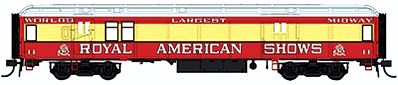 Con-Cor 94318 HO Scale Heavyweight 65' Branchline Baggage/Railway Post Office - Ready to Run -- Royal American Shows (red, yellow, silver)