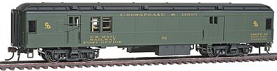 Con-Cor 94319 HO Scale Heavyweight 65' Branchline Baggage/Railway Post Office w/Lights - Ready to Run -- Chesapeake & Ohio (Pullman Green, black)