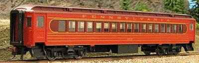 Con-Cor 94361 HO Scale Heavyweight 65' Branchline Combine w/Lights - Ready to Run -- Pennsylvania Railroad (Fleet of Modernism, red, Tuscan)