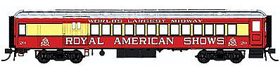 Con-Cor 94368 HO Scale Heavyweight 65' Branchline Combine w/Lights - Ready to Run -- Royal American Shows (red, yellow, silver)