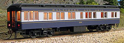 Con-Cor 94409 HO Scale Heavyweight 65' Branchline Solarium-Observation w/Lights - Ready to Run -- Baltimore & Ohio (blue, gray)