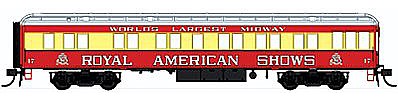 Con-Cor 94418 HO Scale Heavyweight 65' Branchline Solarium-Observation - Ready to Run -- Royal American Shows (red, yellow, silver)