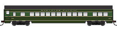 Con-Cor 94710 HO Scale 72' Smooth-Side Coach - Ready to Run -- Northern Pacific (2-Tone Green, black, yellow Stripes)