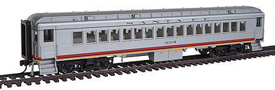 Con-Cor 95002 HO Scale Heavyweight 65' Branchline Coach w/Lights - Ready to Run -- Santa Fe #3004 (Valley Flyer; silver, red, yellow)
