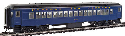 Con-Cor 95023 HO Scale Heavyweight 65' Branchline Coach w/Lights - Ready to Run -- Norfolk & Western #534 (Pevler Blue, black)