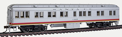 Con-Cor 95201 HO Scale Heavyweight 65' Branchline Solarium-Observation w/Lights - Ready to Run -- Santa Fe #1369 (Valley Flyer, silver, red, yellow)