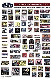 City Classics 5011 HO Scale Generic Paper Signs for Window Interiors (Approximately 60 Per Sheet) -- Eating & Drinking Establishments