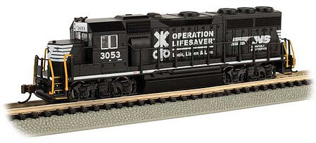 Bachmann 63535 HO Scale EMD GP40 - Standard DC -- Norfolk Southern 3053 (black, white, Operation Lifesaver)