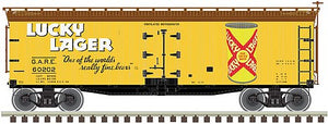 Atlas 20006325 HO Scale 40' Wood Reefer - Ready to Run -- Lucky Lager 60202 (yellow, brown, red, white)