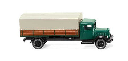 Wiking 94307 N Scale 1935-1938 Mercedes-Benz L 2500 Low-Side truck with Tarp - Assembled -- Green, Black, Brown