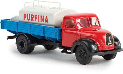 Brekina 42260 HO Scale 1950s Magirus Mercur Low-Side Truck & Tank Load - Assembled -- Purfina (red, blue, white, German Lettering)