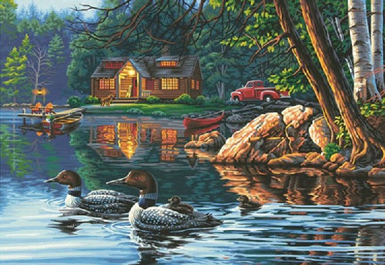 Dimensions Puzzles 91474 Echo Bay (Ducks, Log Cabin) Paint by Number (20"x14") (D)