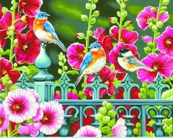 Dimensions Puzzles 91490 Hollyhock Gate (Flowers/Birds) Paint by Number (14"x11")