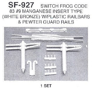 Details West 927 HO Scale Code 83 Switch Frog Set w/Plastic Railbars & Pewter Guard Rails -- #9 Manganese Insert Type (white bronze)