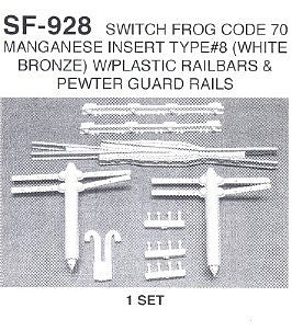 Details West 928 HO Scale Code 70 Switch Frog Set w/Plastic Railbars & Pewter Guard Rails -- #8 Manganese Insert Type (white bronze)