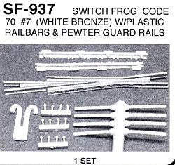 Details West 937 HO Scale Code 70 Switch Frog Set w/Plastic Railbars & Pewter Guard Rails -- #7 (white bronze)