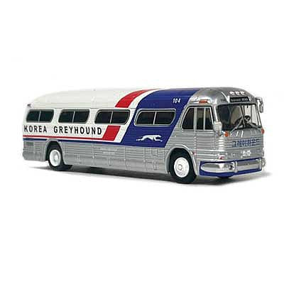 Iconic Replicas 870299 HO Scale 1958 GM PD4104 Bus - Assembled -- Korea Greyhound (Destination: Seoul; silver, blue, red, white)