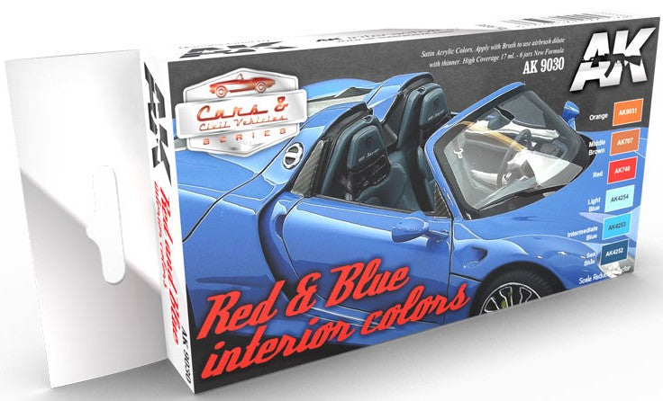 AK Interactive 9030 Cars & Civil Vehicles Series: Red & Blue Interiors Acrylic Paint Set (6 Colors) 17ml Bottles (D)