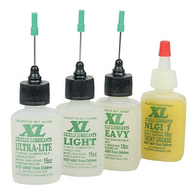 Excelle Lubricants 1234 All Scale XL Lube Kit for N & Z Scales -- One 1/2oz 14.8mL Bottle Each: Ultra-Lite, Light, Heavy & NLGI Grease 1