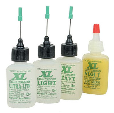 Excelle Lubricants 1234 All Scale XL Lube Kit for N & Z Scales -- One 1/2oz 14.8mL Bottle Each: Ultra-Lite, Light, Heavy & NLGI Grease 1