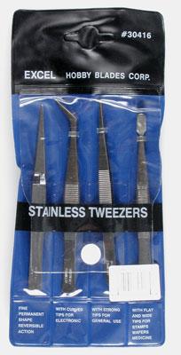 Excel Hobby 30416 All Scale Stainless Steel Tweezers -- 4 Piece Set, Pouch