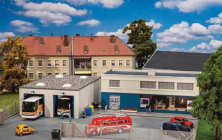 Faller 130120 HO Scale Bus Maintenance Facility -- Kit - Office: 8-1/2 x 5-3/8 x 3-1/2" 21.6 x 13.6 x 8.9cm, Garage: 8-3/8 x 5