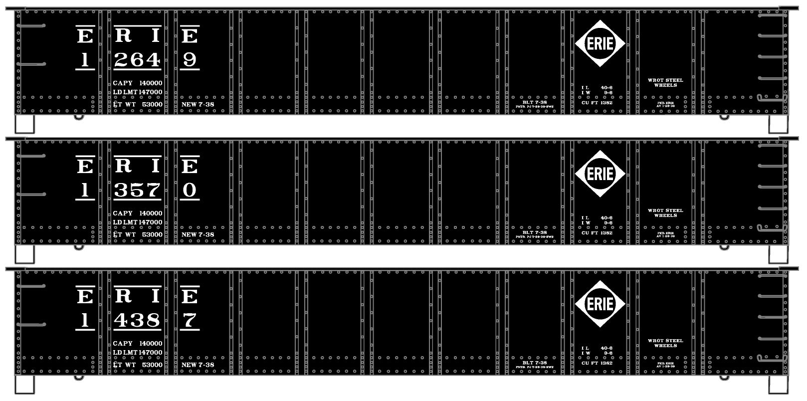 Accurail 37554 Ho 41'Steel Gondola Erie 3#Set