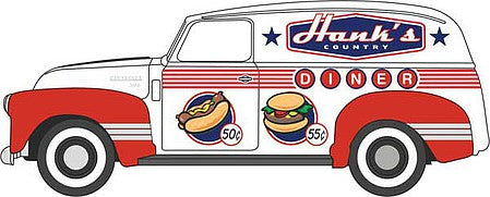 Oxford 87cv50003 HO Scale 1950-1960 Chevrolet 3100 Van - Assembled -- Hank's Diner (white, red, blue)