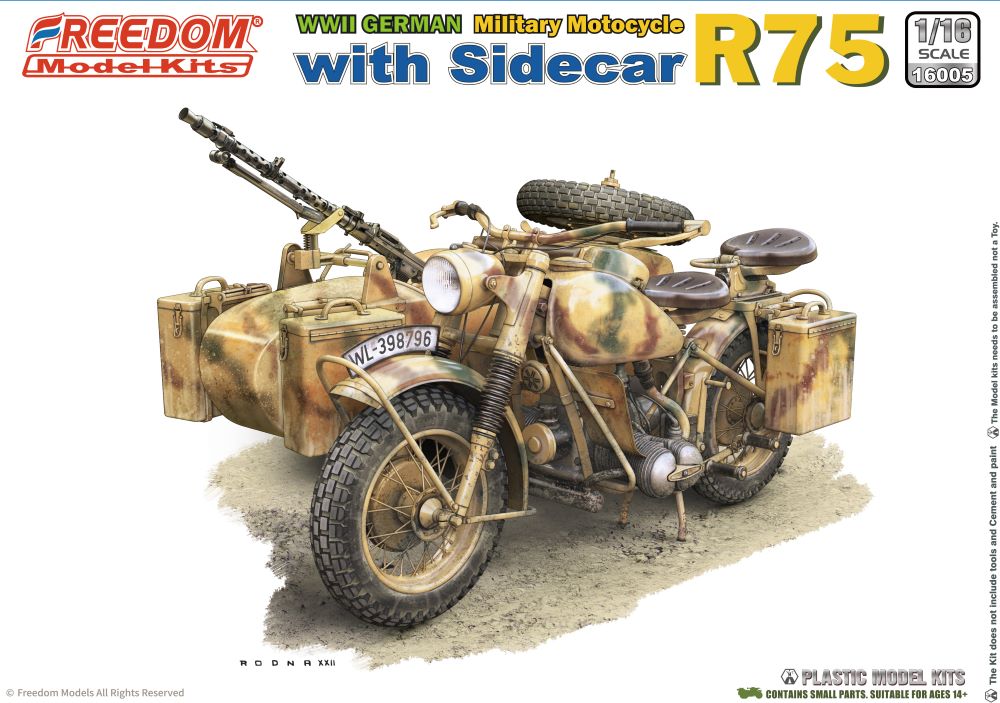 Freedom Model Kits 16005 1/16 WWII German R75 Military Motorcycle w/Side Car (New Tool)