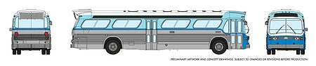 Rapido Trains 573008 N Scale 1959-1986 GM New Look-Fishbowl Bus with Working Headlights - Assembled -- Santa Monica 2525 (blue, silver)