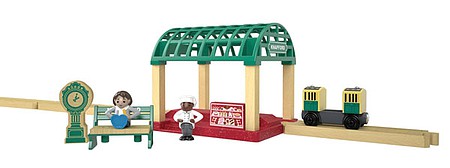 Fisher Price GGG71 V Scale Knapford Train Station - Thomas and Friends(TM) Wooden Railway -- Station Shelter, Bench, 2 Figures, Clock, Passenger Car