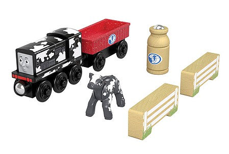 Fisher Price GGH20 V Scale Diesel's Dairy Drop Off - Thomas and Friends(TM) Wooden Railway -- Diesel in Cow Paint, gondola with Milk Can, Cow and 2 Fence Sections