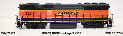 Fox Valley Models 20157 HO Scale EMD GP60B - Standard DC -- BNSF Railway #332 (Heritage 3, orange, black, yellow, Wedge Logo)