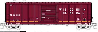 Fox Valley Models 81262 N Scale P-S 5344 Cu.ft. Single Door Boxcar - Ready to Run -- Wisconsin Central #25001 (maroon, white, yellow)