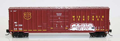 Fox Valley Models 81818 N Scale Soo Line-Built 7-Post 50' Plug-Door Boxcar - Ready to Run -- Wisconsin Central 26036 (maroon, yellow, Graffiti)