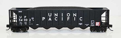 Fox Valley Models 836011 N Scale Ortner 5-Bay Rapid Discharge Hopper with Coal Load - Ready to Run -- Union Pacific 34001 (black, white)