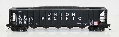 Fox Valley Models 836012 N Scale Ortner 5-Bay Rapid Discharge Hopper with Coal Load - Ready to Run -- Union Pacific 34007 (black, white)